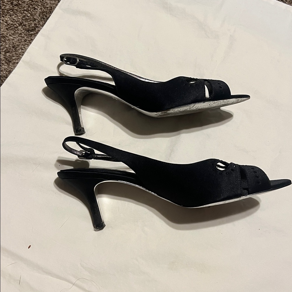 Nina black satin sling back peep toe heels genuine leather sole. - Picture 4 of 9